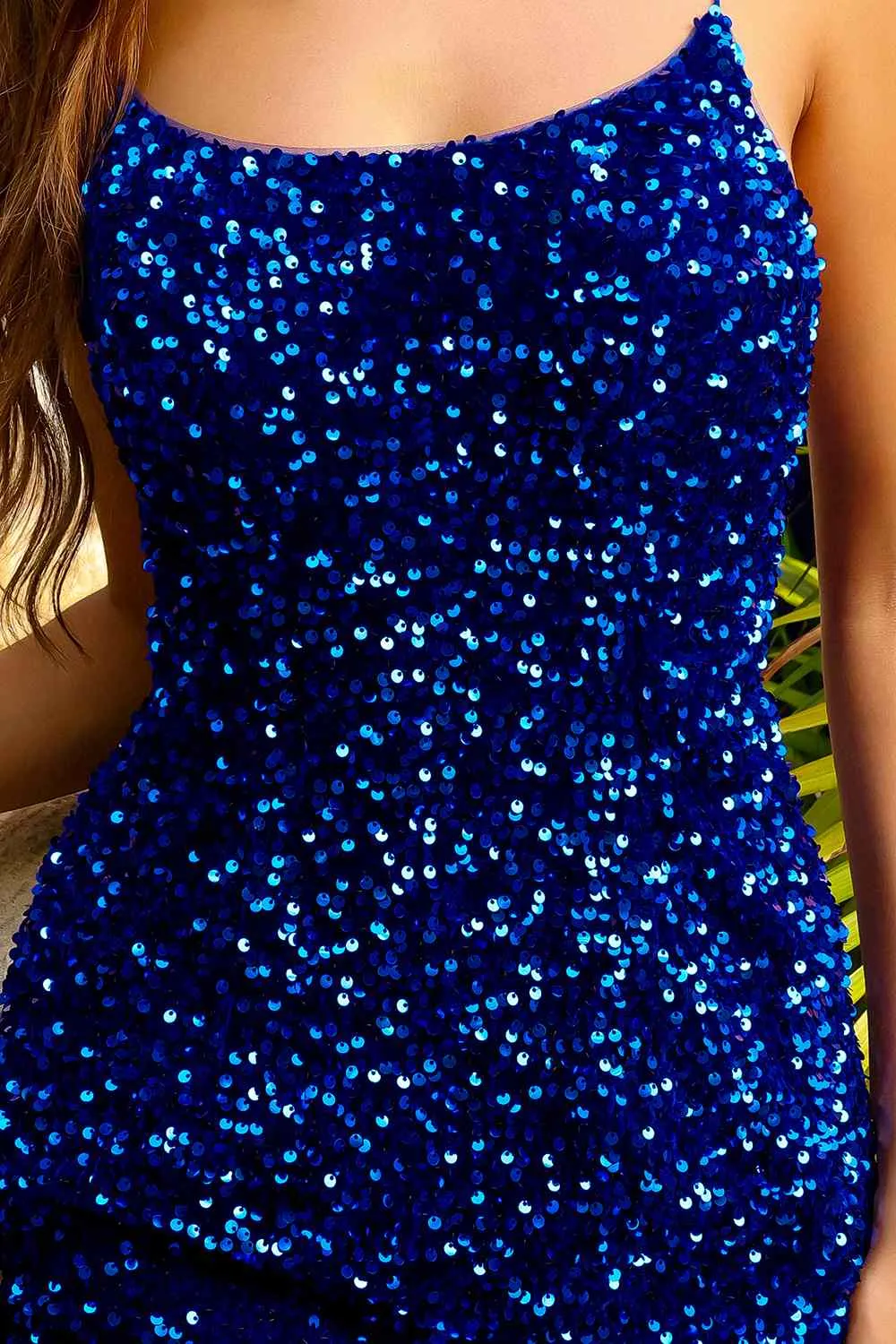 Amelia Couture BZ024S Short Boat Neckline Thin Strap Velvet Sequin Mini Dress