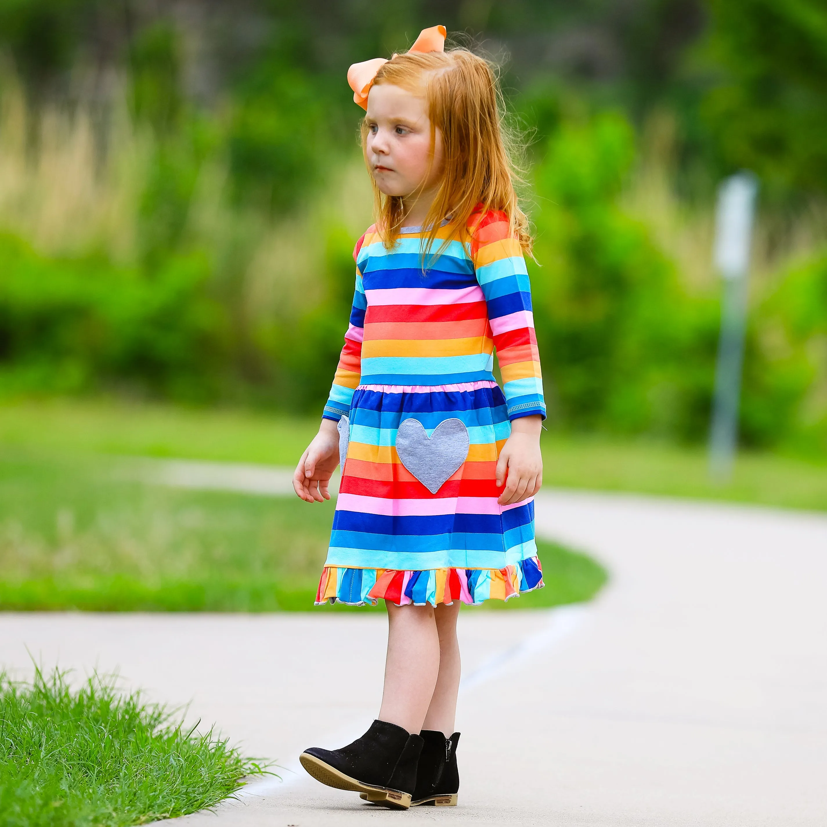 AnnLoren Baby Big Girls Boutique Fall Rainbow Hearts Cotton Winter Dress