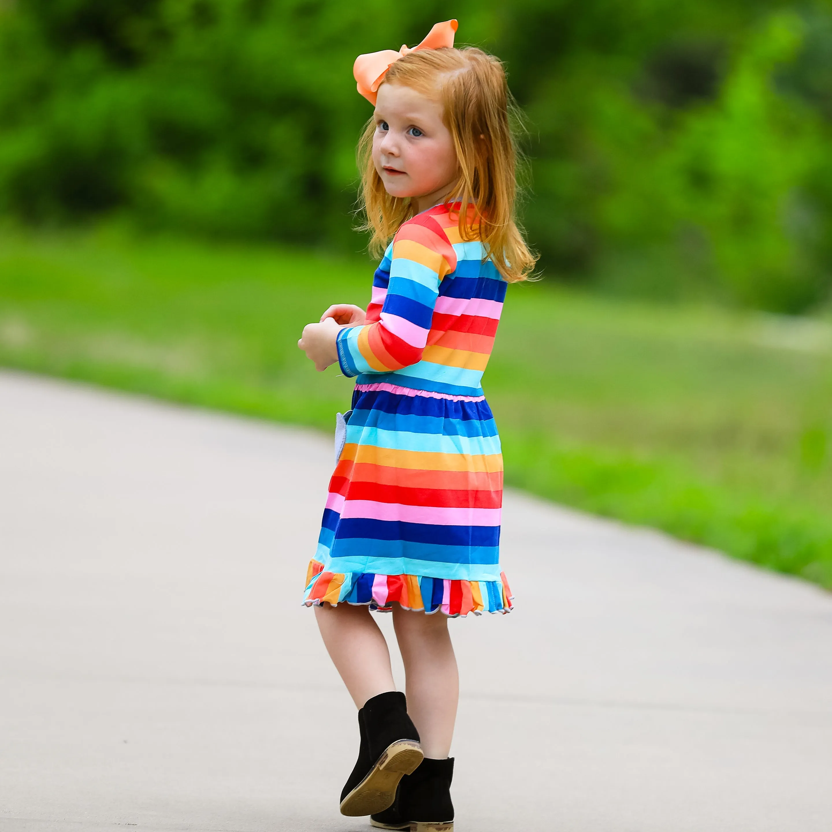 AnnLoren Baby Big Girls Boutique Fall Rainbow Hearts Cotton Winter Dress