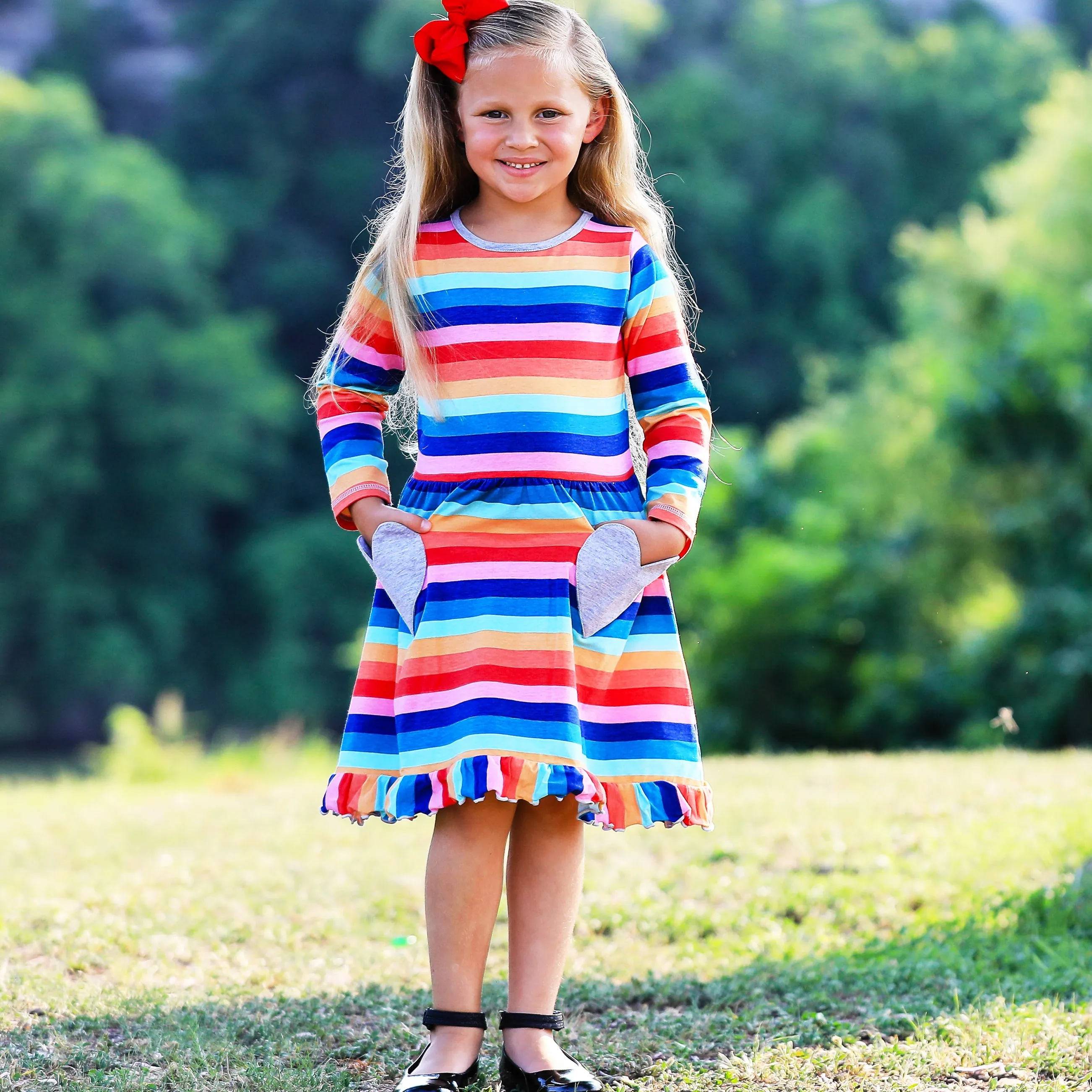 AnnLoren Baby Big Girls Boutique Fall Rainbow Hearts Cotton Winter Dress