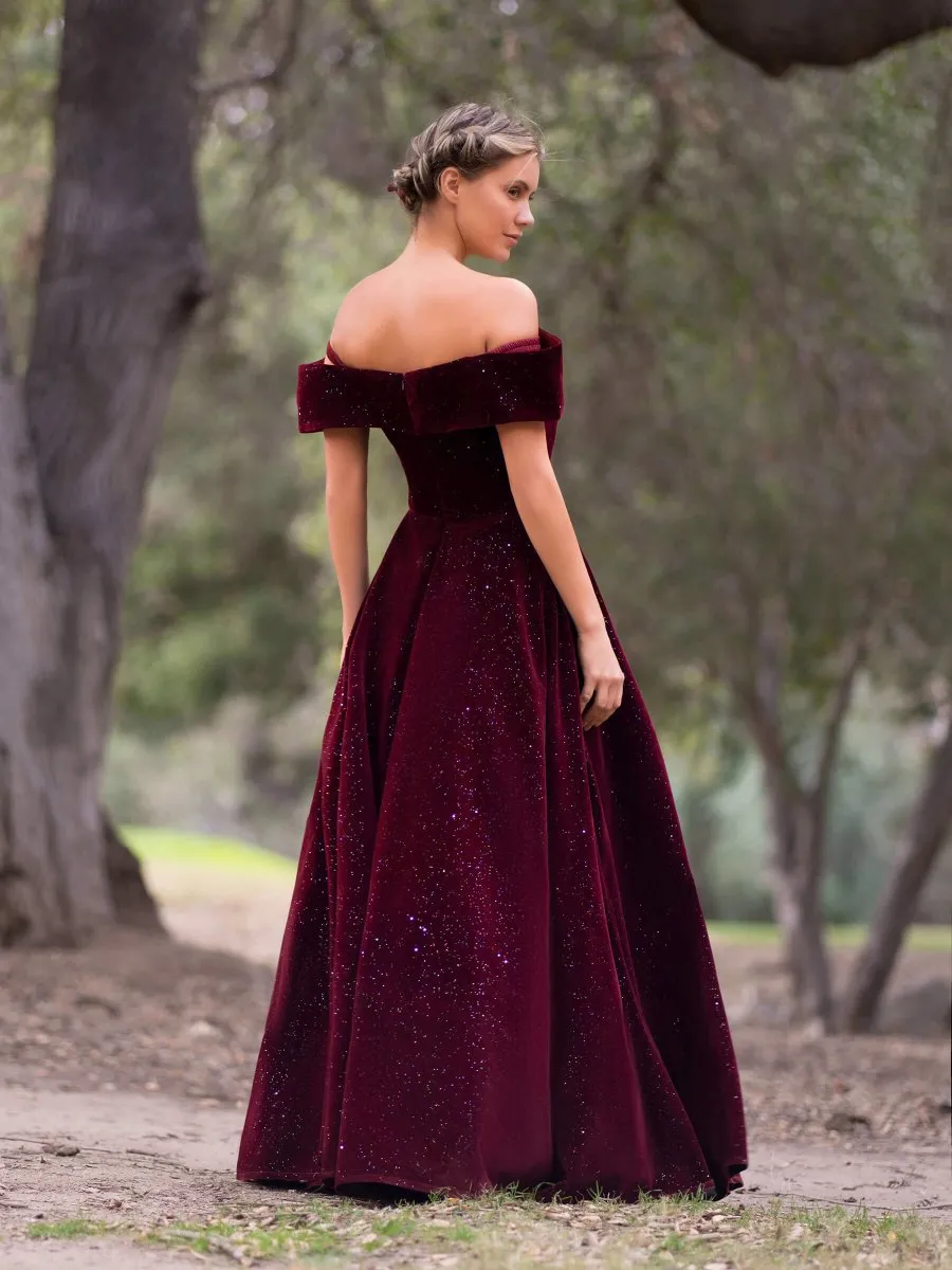 Bateau Neckline Velvet Floor Length Prom Dresses