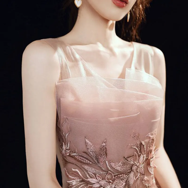 Beautiful Pink Tulle Straps Party Dress with Flower Lace Applique, Pink Evening Dress