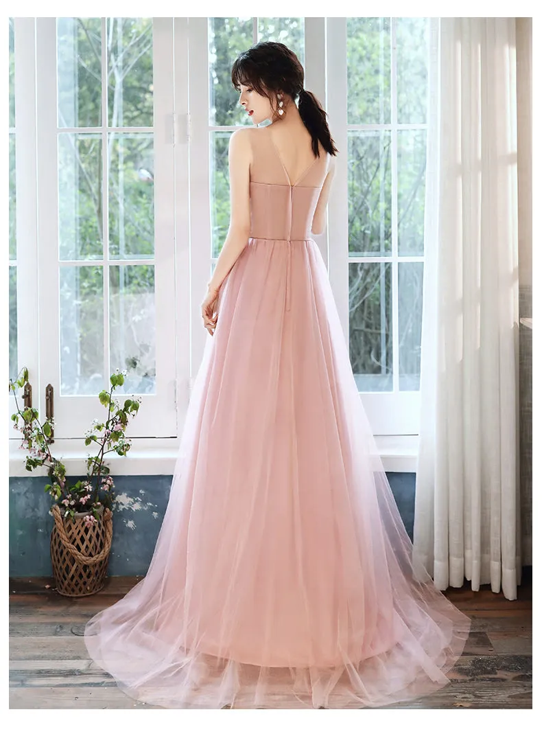 Beautiful Pink Tulle Straps Party Dress with Flower Lace Applique, Pink Evening Dress