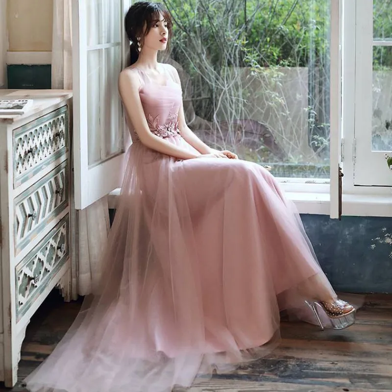 Beautiful Pink Tulle Straps Party Dress with Flower Lace Applique, Pink Evening Dress