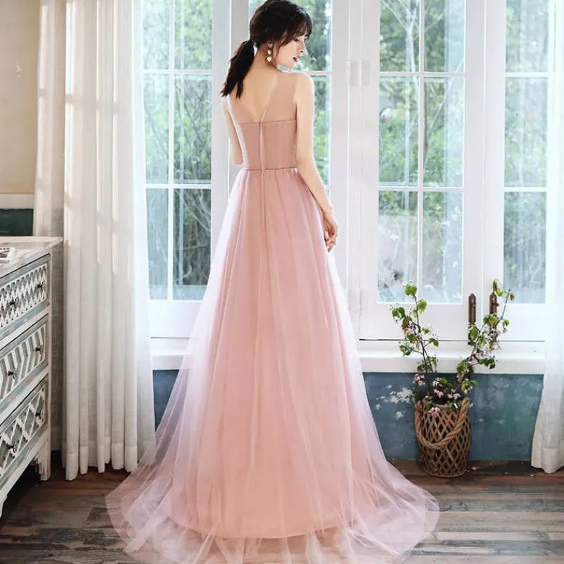 Beautiful Pink Tulle Straps Party Dress with Flower Lace Applique, Pink Evening Dress