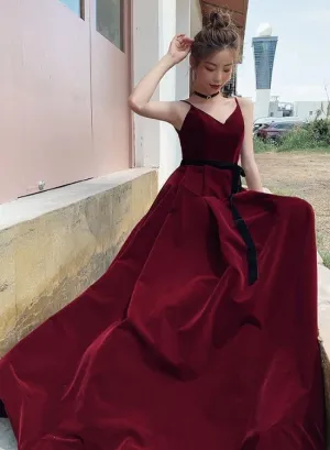 Beautiful Wine Red Velvet Long Party Dress Prom Dress, Dark Red Evening Dresses