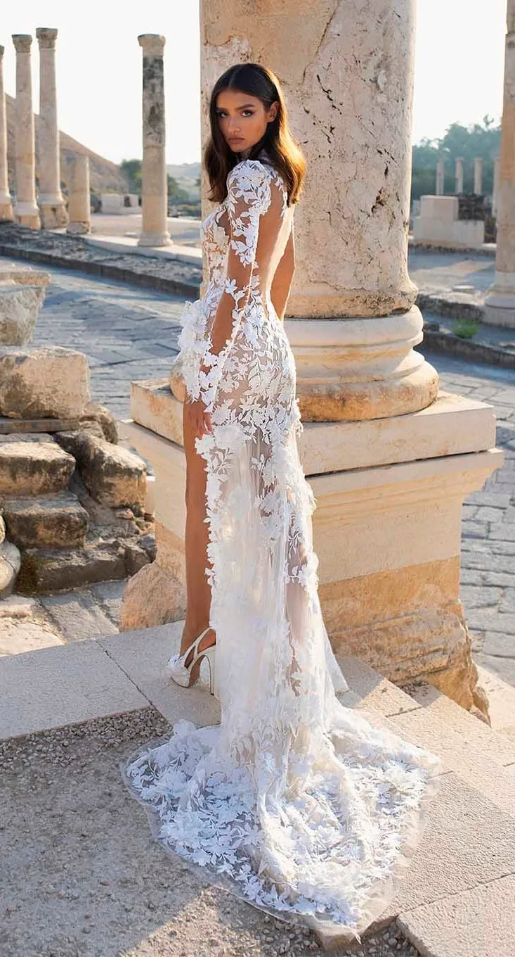 Beautifully Elaborated Sheer Long Sleeves And High Collar Illusion Lace Applique Wedding Dress With High Side Slit