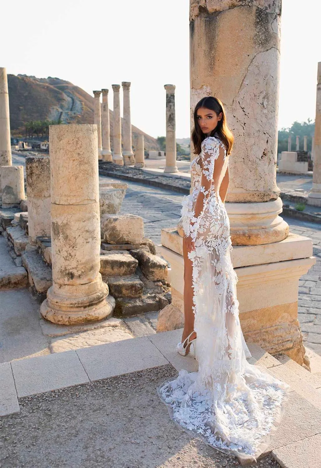 Beautifully Elaborated Sheer Long Sleeves And High Collar Illusion Lace Applique Wedding Dress With High Side Slit
