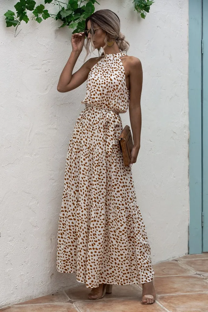 Beige Bohemian Boho Printed Hanging Neck Straps Maxi Dresses
