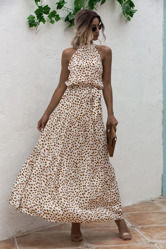 Beige Bohemian Boho Printed Hanging Neck Straps Maxi Dresses