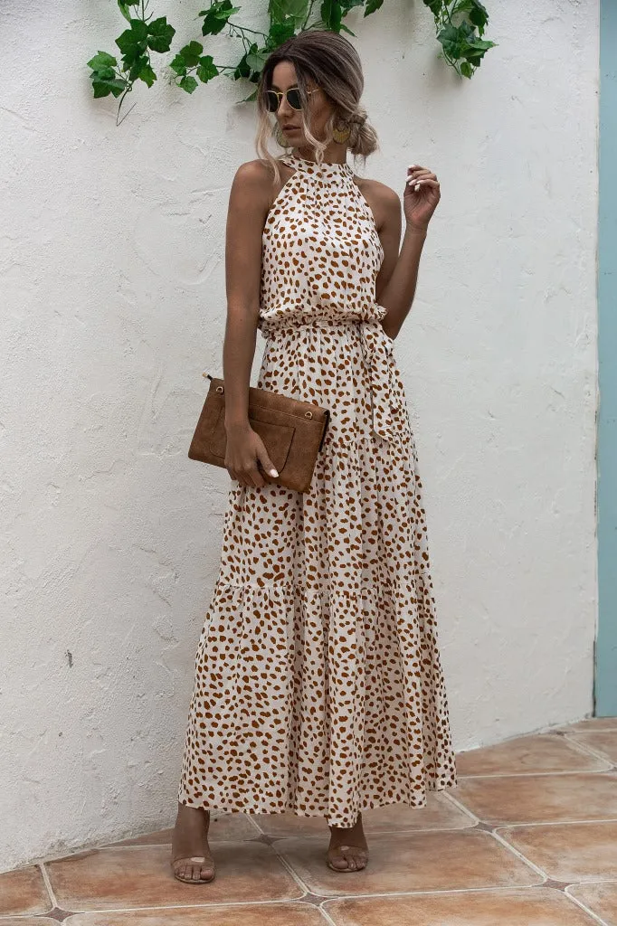 Beige Bohemian Boho Printed Hanging Neck Straps Maxi Dresses