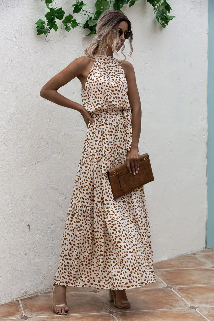 Beige Bohemian Boho Printed Hanging Neck Straps Maxi Dresses