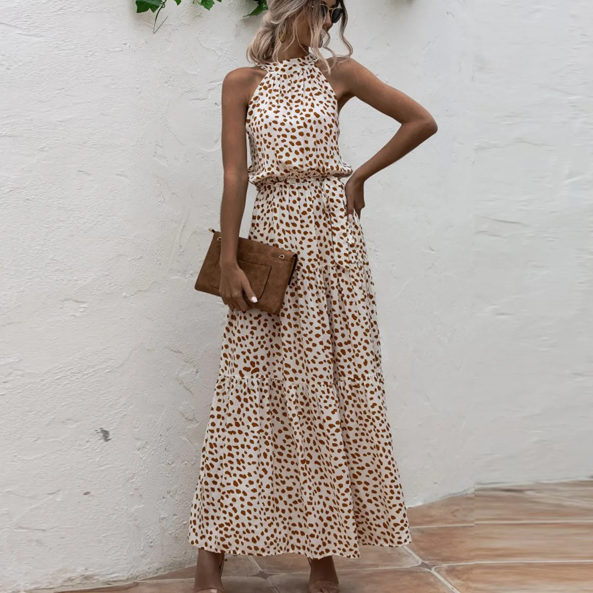 Beige Bohemian Boho Printed Hanging Neck Straps Maxi Dresses