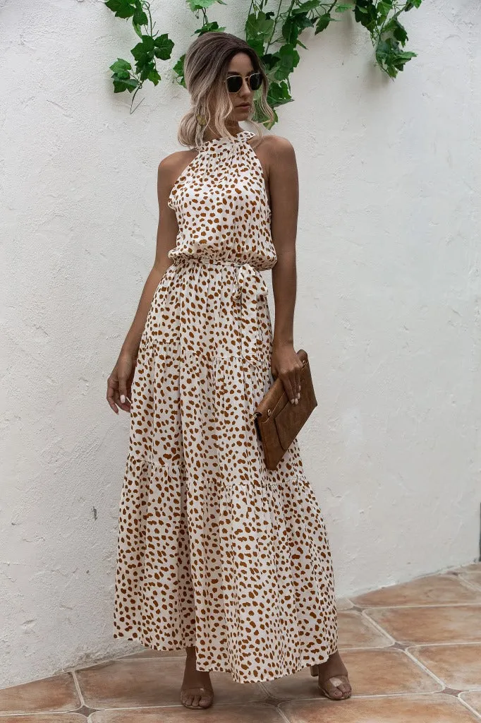 Beige Bohemian Boho Printed Hanging Neck Straps Maxi Dresses