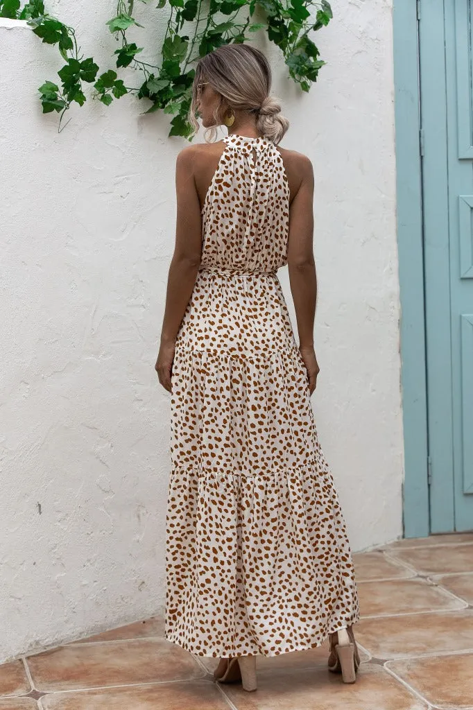 Beige Bohemian Boho Printed Hanging Neck Straps Maxi Dresses