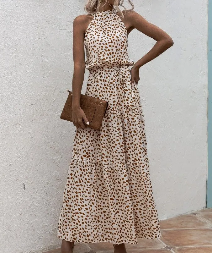 Beige Bohemian Boho Printed Hanging Neck Straps Maxi Dresses