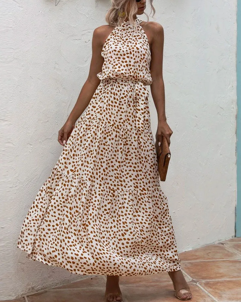 Beige Bohemian Boho Printed Hanging Neck Straps Maxi Dresses