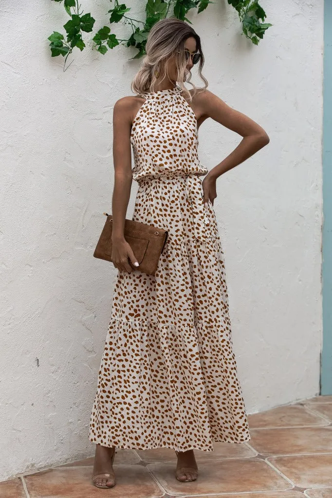 Beige Bohemian Boho Printed Hanging Neck Straps Maxi Dresses