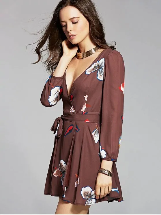 BerryBetty - Fashion Long Sleeve Chiffon Surplice Dress