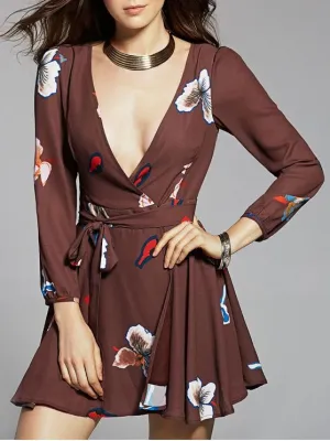 BerryBetty - Fashion Long Sleeve Chiffon Surplice Dress