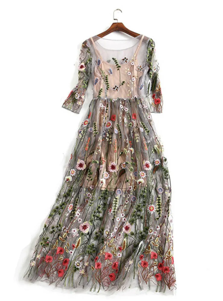 BerryBetty - Half Sleeves Sheer Mesh Embroidery Boho Bohemian Long Dress