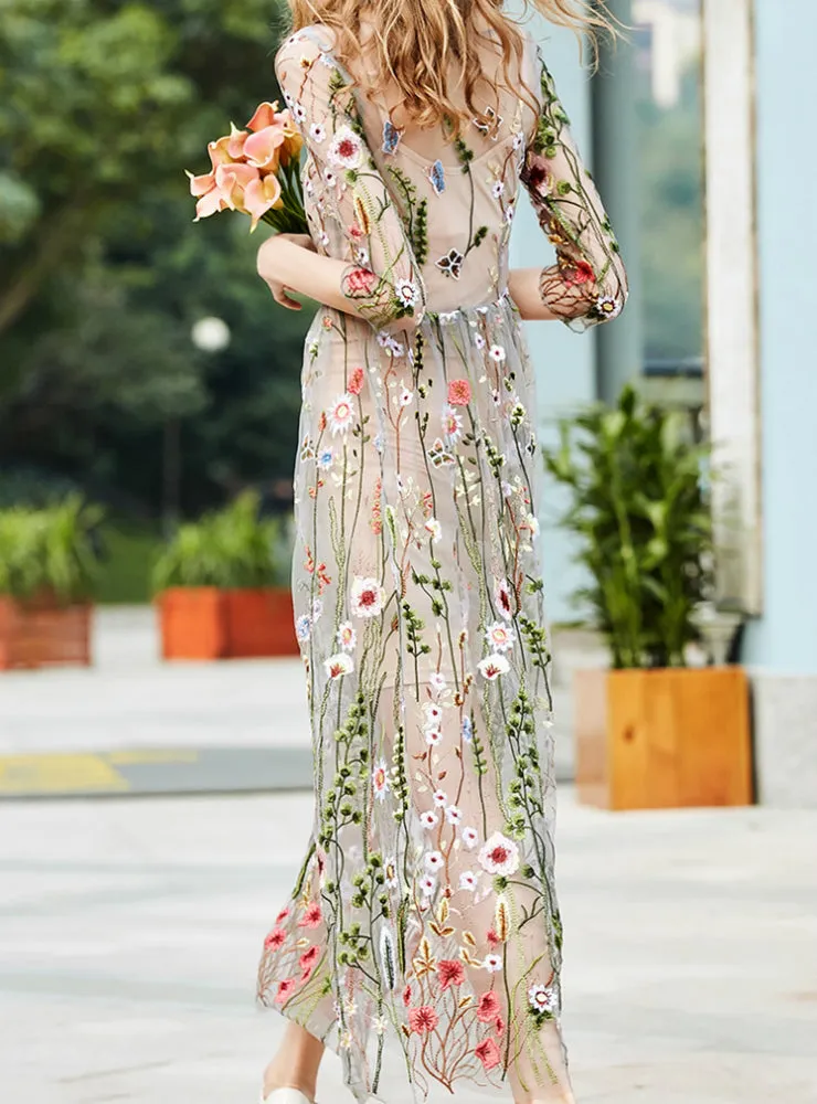BerryBetty - Half Sleeves Sheer Mesh Embroidery Boho Bohemian Long Dress