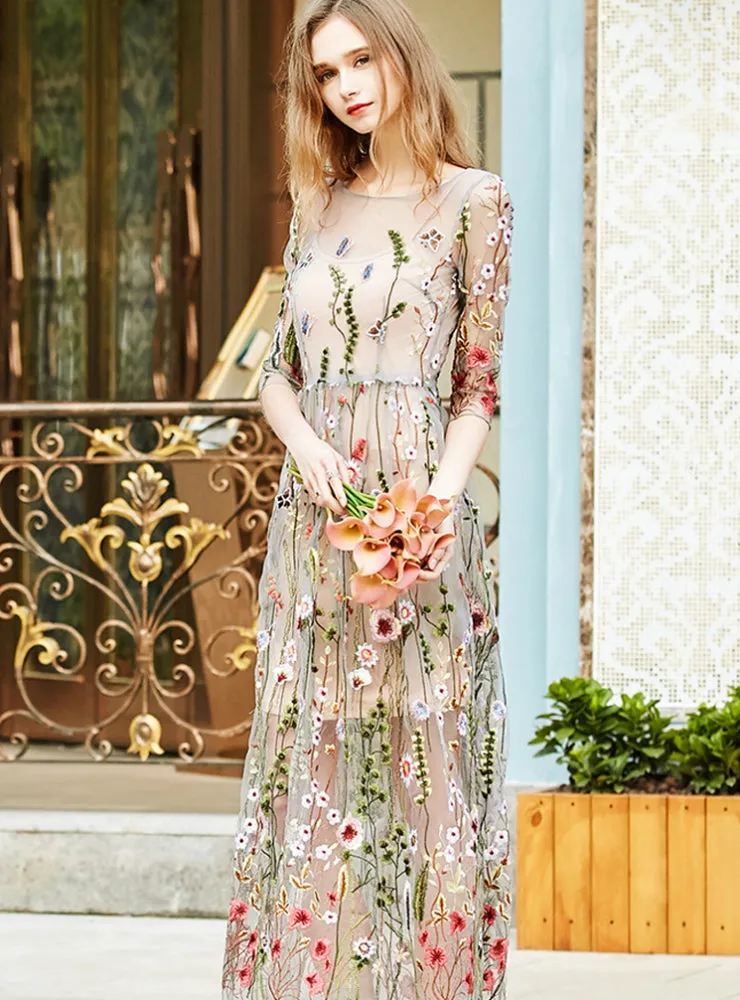 BerryBetty - Half Sleeves Sheer Mesh Embroidery Boho Bohemian Long Dress