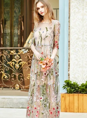 BerryBetty - Half Sleeves Sheer Mesh Embroidery Boho Bohemian Long Dress