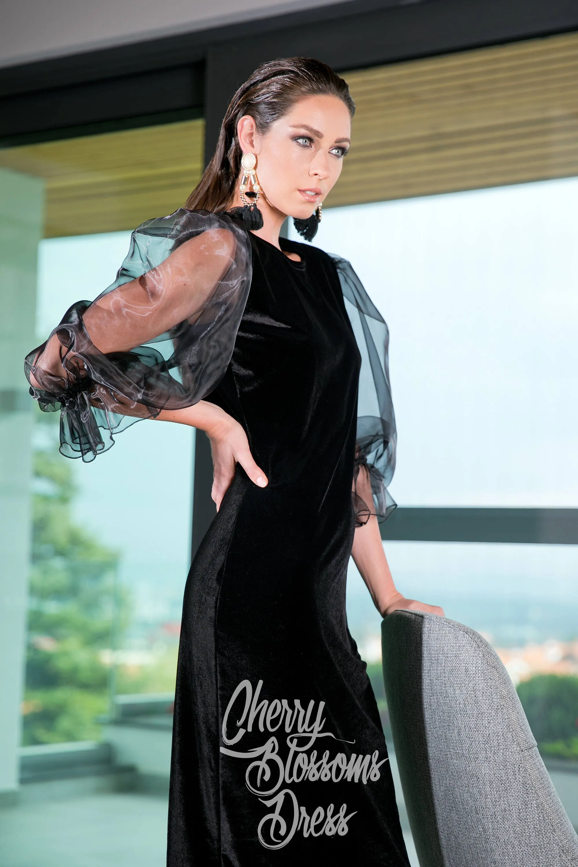 Black Formal Dress, Velvet Dress, Cocktail Dress, New Years Eve Dress, Evening Dress, Organza Sleeve Dress, Pencil Dress, Plus Size Clothing