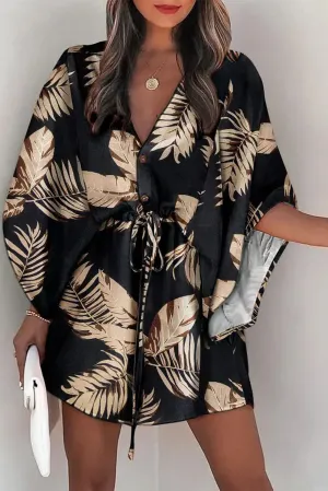 Black Geometric Print Button Drawstring Batwing Sleeve Dress