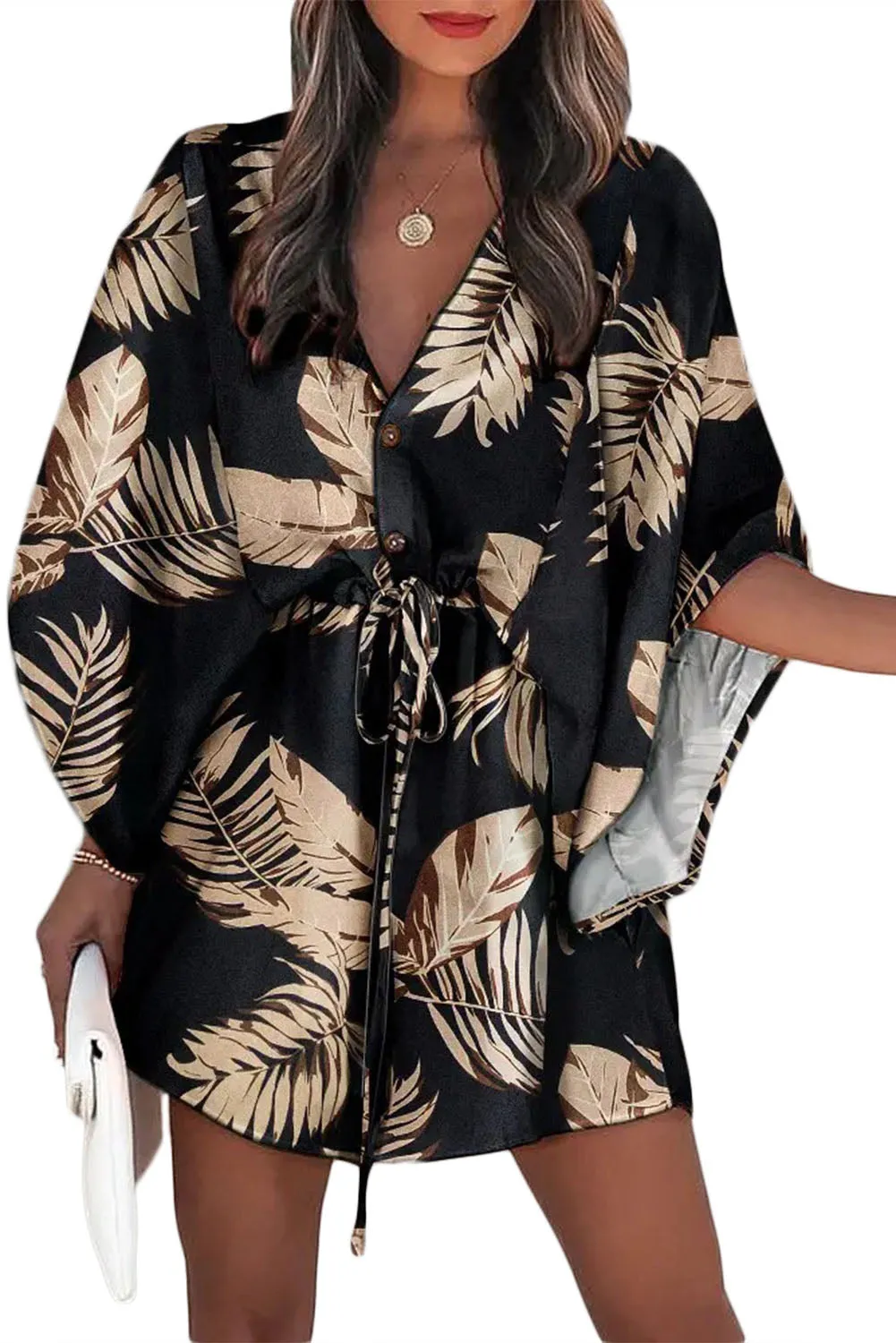 Black Geometric Print Button Drawstring Batwing Sleeve Dress