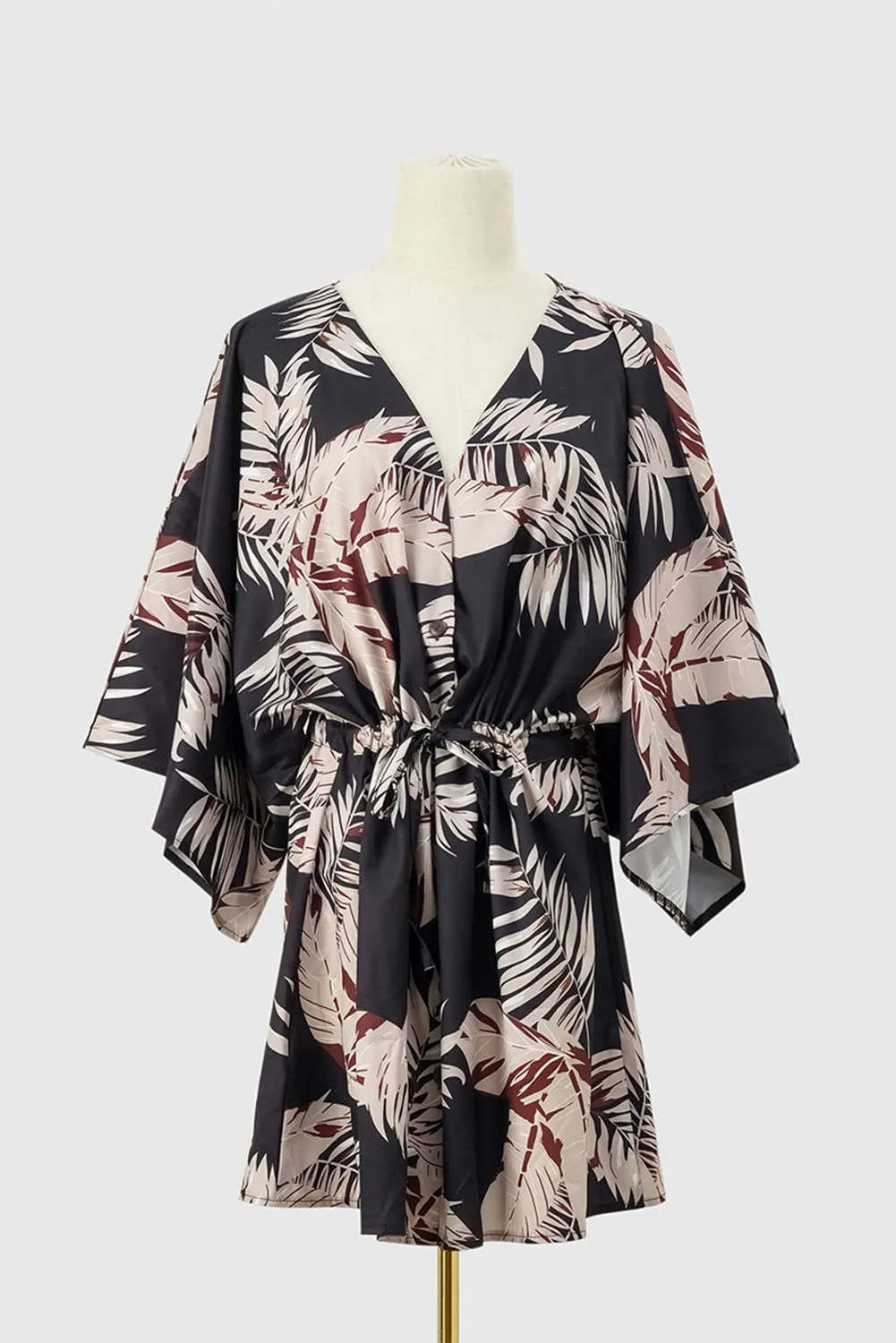 Black Geometric Print Button Drawstring Batwing Sleeve Dress
