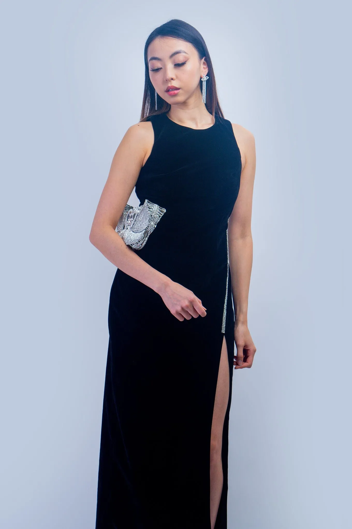 Black Jewel Trim Velvet Dress