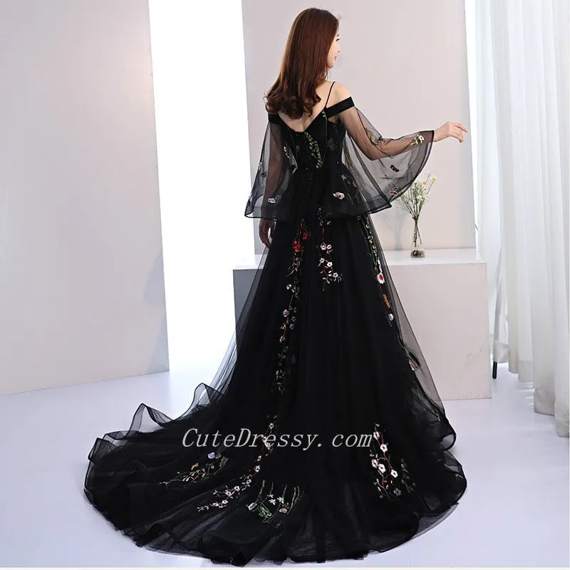 Black Long Puffy Sleeves Tulle with Lace Wedding Party Dresses, Black Floral Prom Dresses
