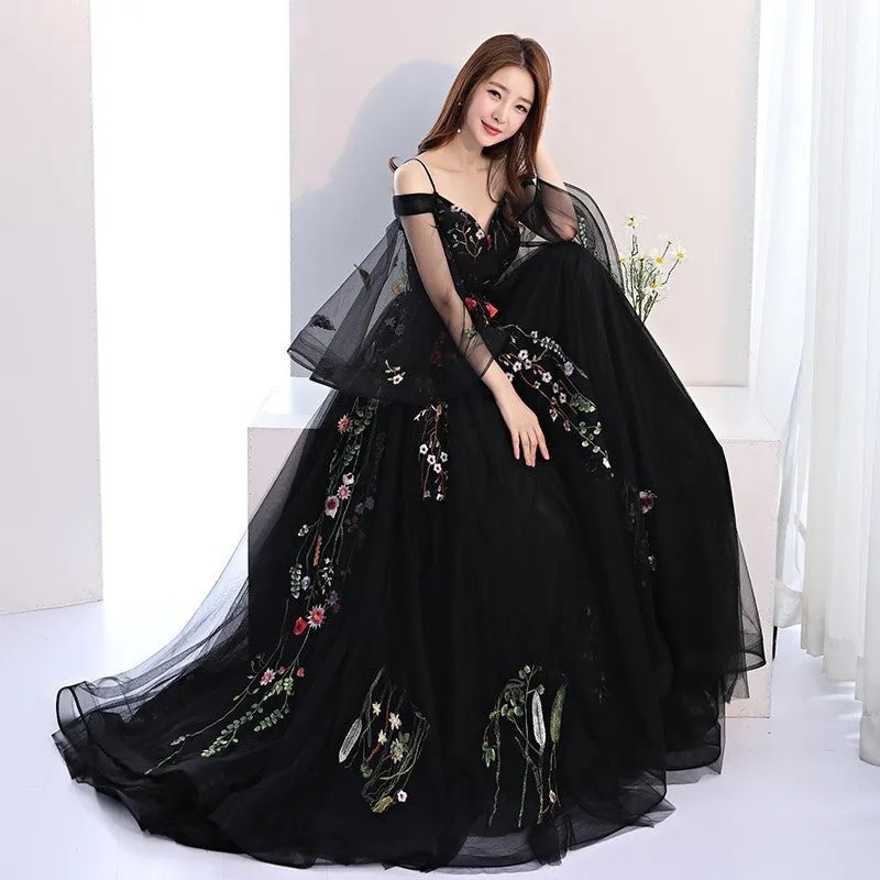 Black Long Puffy Sleeves Tulle with Lace Wedding Party Dresses, Black Floral Prom Dresses