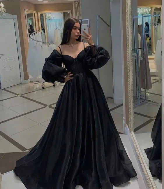 Black Long Sleeves Prom Dresses,Organza Formal Dresses,Party Dress with Train   cg24946