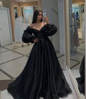 Black Long Sleeves Prom Dresses,Organza Formal Dresses,Party Dress with Train   cg24946