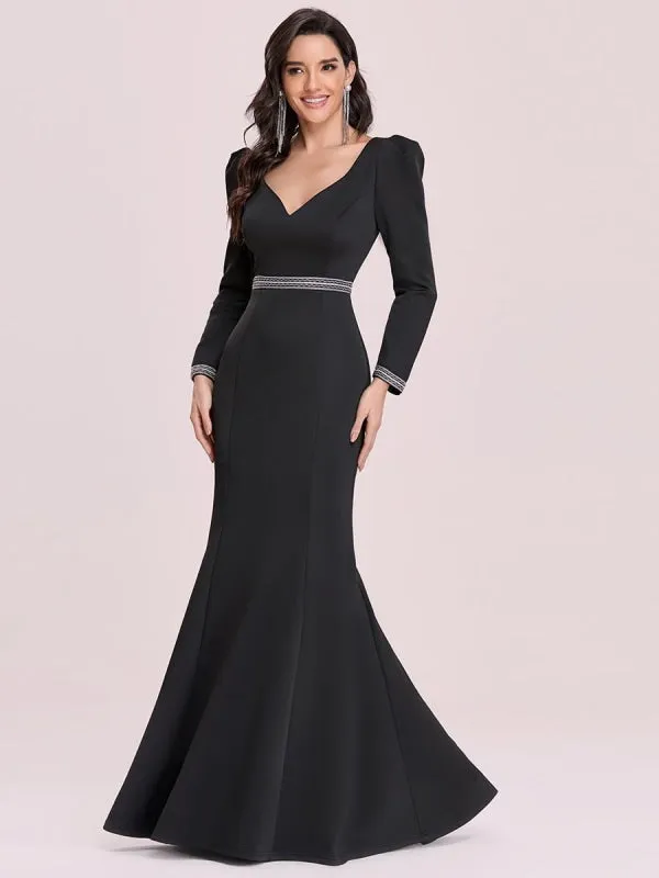 Black Prom Dress Satin Fabric V-Neck Mermaid Long Sleeves Sash Floor-Length Evening Dresses