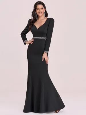 Black Prom Dress Satin Fabric V-Neck Mermaid Long Sleeves Sash Floor-Length Evening Dresses