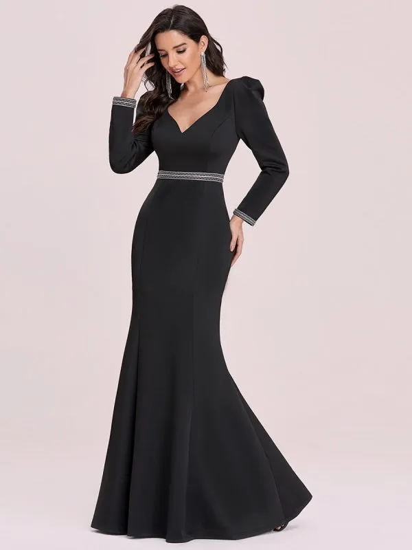 Black Prom Dress Satin Fabric V-Neck Mermaid Long Sleeves Sash Floor-Length Evening Dresses