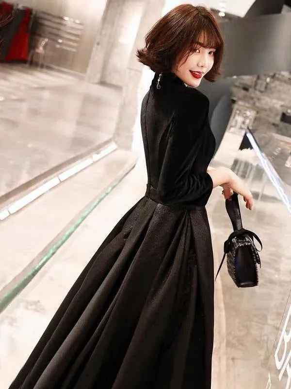 Black Prom Dresses Long V Neck Velvet Satin Patchwork Maxi Formal Gowns