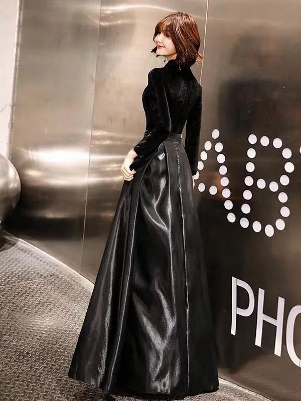 Black Prom Dresses Long V Neck Velvet Satin Patchwork Maxi Formal Gowns