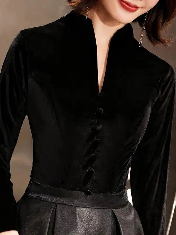 Black Prom Dresses Long V Neck Velvet Satin Patchwork Maxi Formal Gowns
