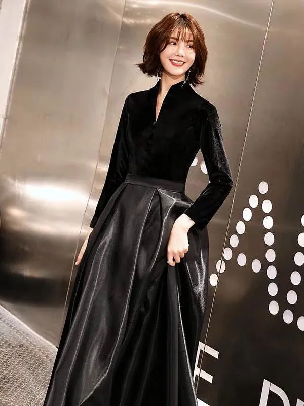 Black Prom Dresses Long V Neck Velvet Satin Patchwork Maxi Formal Gowns