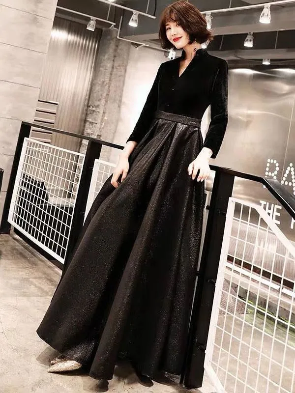 Black Prom Dresses Long V Neck Velvet Satin Patchwork Maxi Formal Gowns