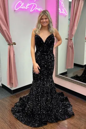 Black Velvet Sequins Prom Dresses 2025 Mermaid V Neck Formal Dress Long