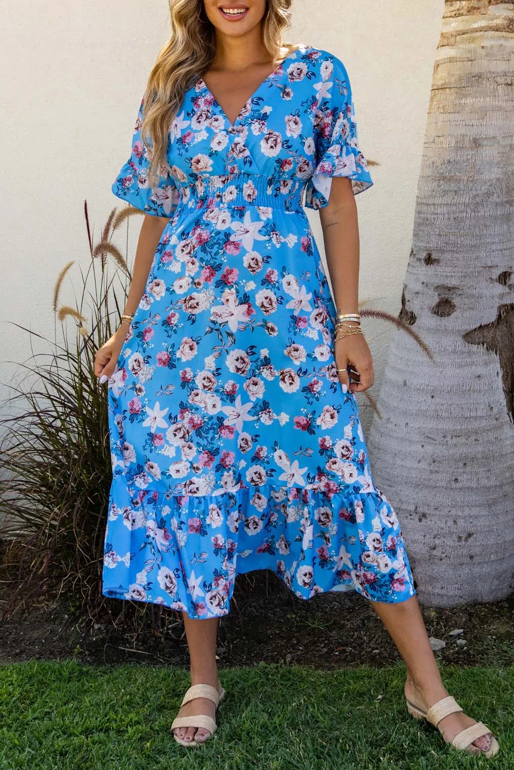 Blue Ruffle Short Sleeve Bohemian Flower Long Dress