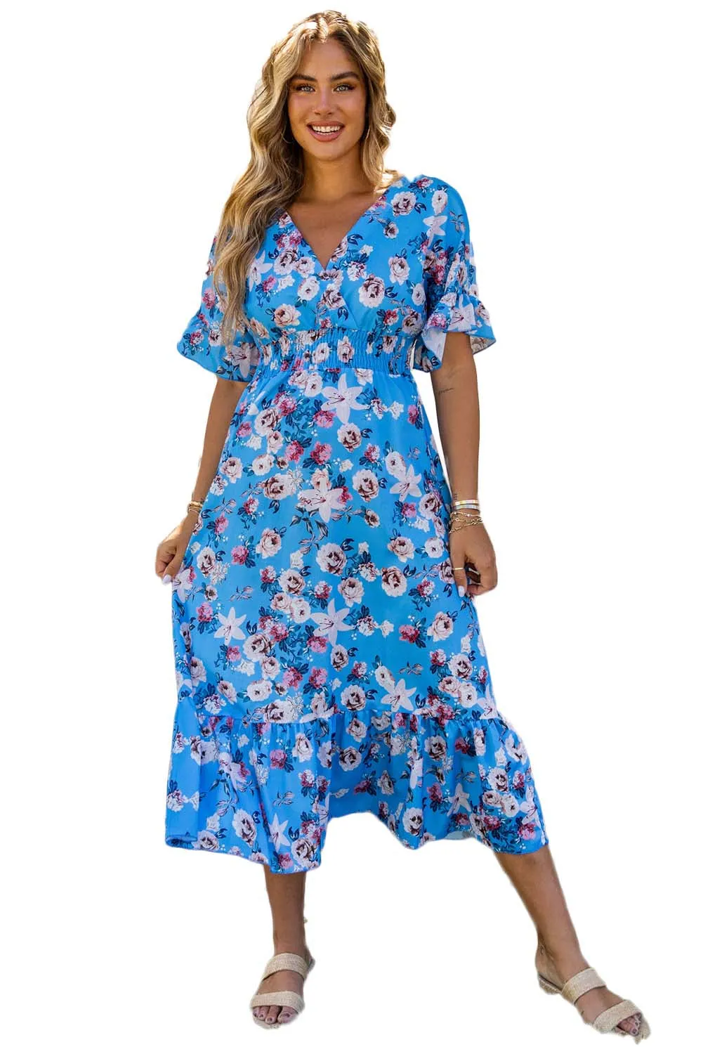 Blue Ruffle Short Sleeve Bohemian Flower Long Dress