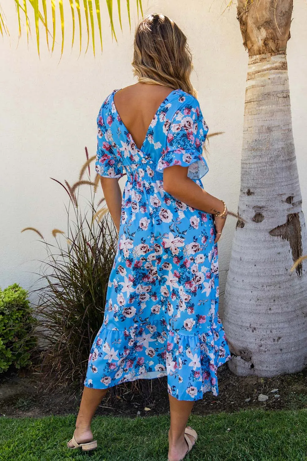 Blue Ruffle Short Sleeve Bohemian Flower Long Dress