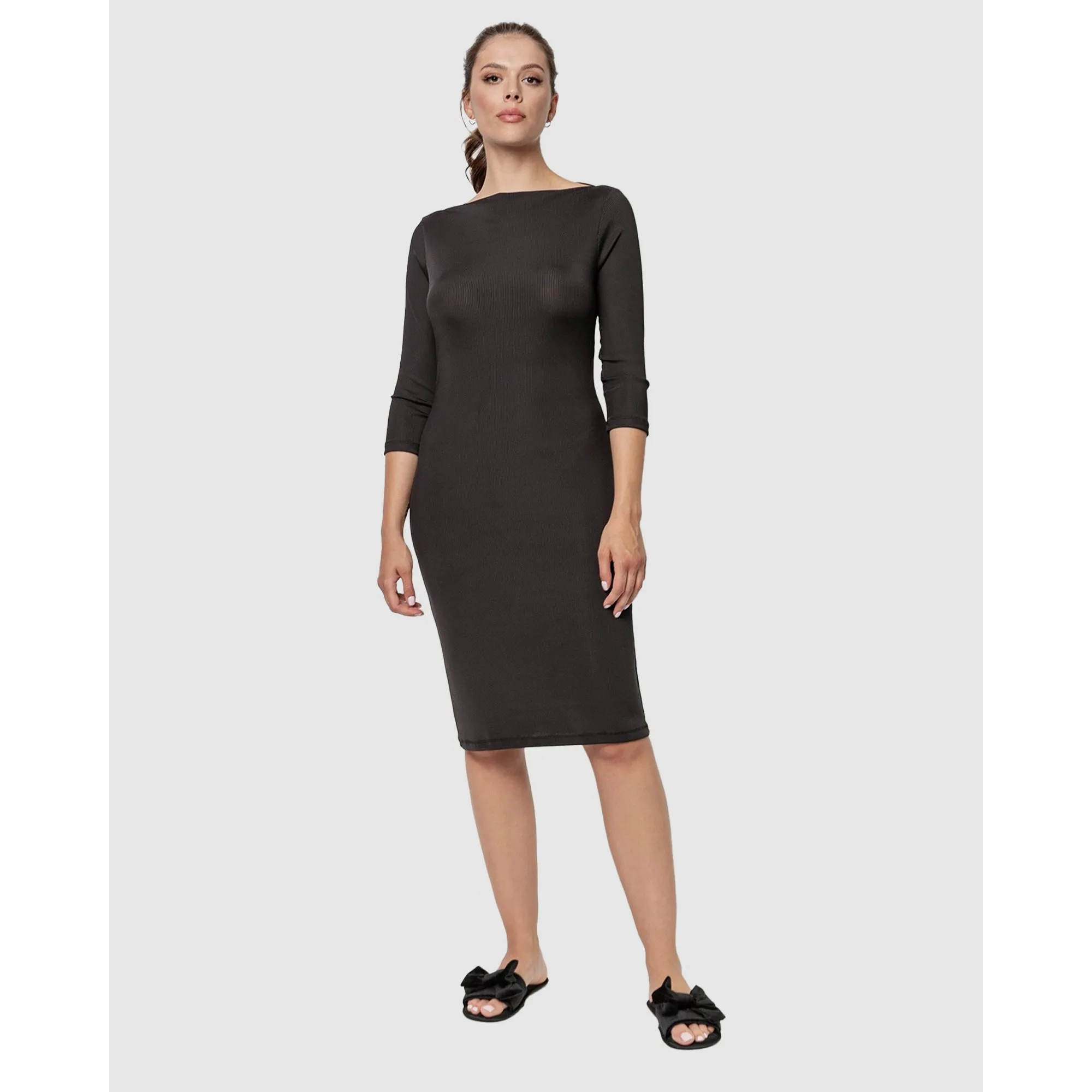 Boat Neck Casual Ribbed Midi Dress